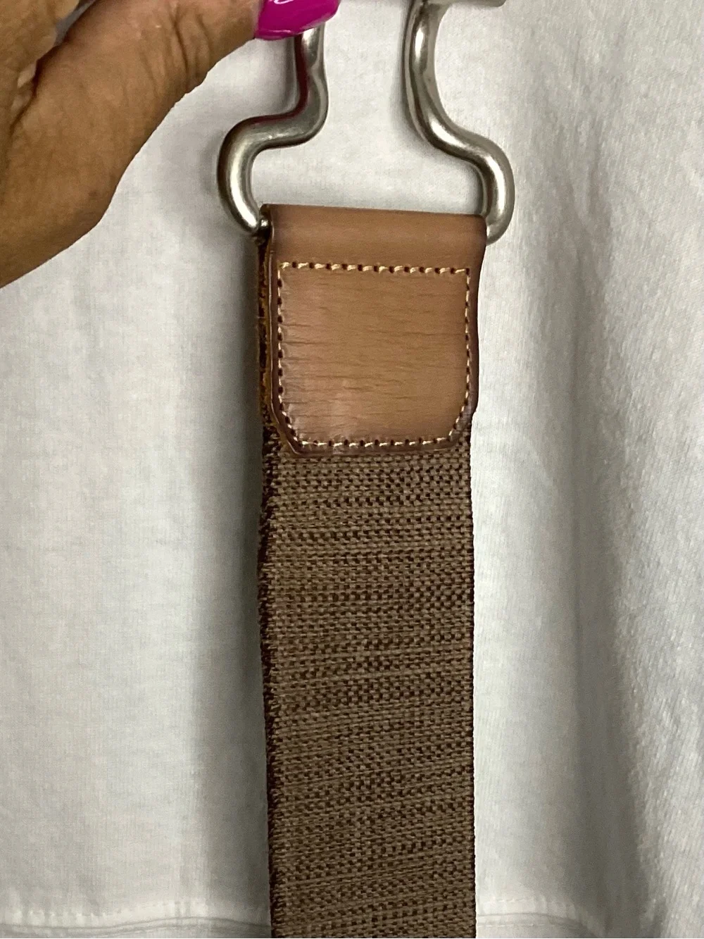 Fossil Brown Leather-Trim Canvas Belt with Sculpted Silver Hook L-XXL